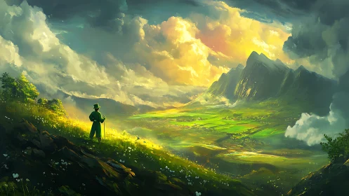 Figure overlooking illuminated valley and distant mountains.