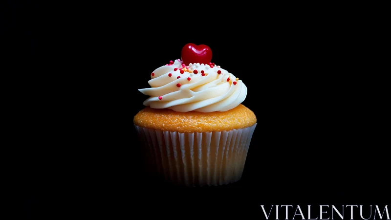 Decorative cupcake with white frosting and heart topper.