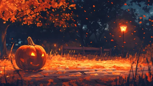 Jack o’lantern under streetlamp in quiet autumn park scene.