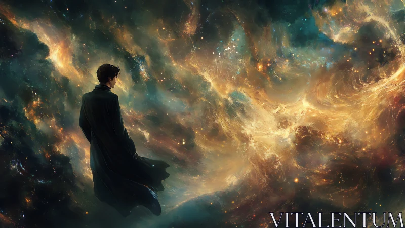 Solitary cloaked figure observing swirling cosmic nebula.