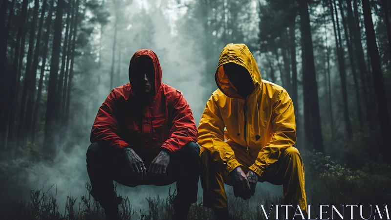 Two hooded figures in red and yellow raincoats in forest.