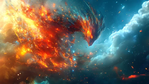 Celestial firebird dives through storm-forged nebula skies.