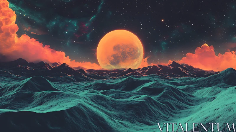 Alien seascape with orange moon and teal wave formations.