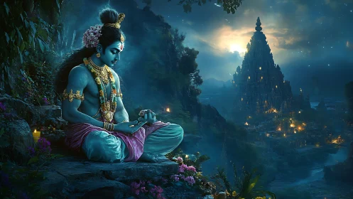 Divine blue-skinned yogi rendered in luminous nocturnal temple valley