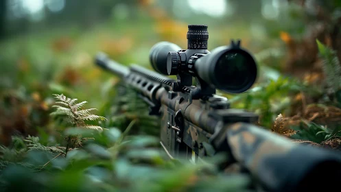Precision Optics: A Tactical Rifle Stands Ready in Nature
