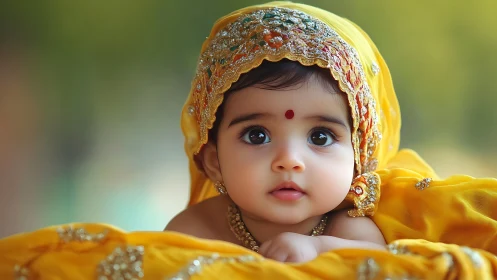 Ornamental Infant in Golden Silk: South Asian Cultural Portrait Study.