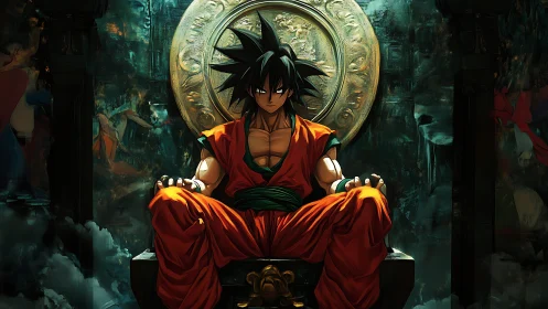 Powerful warrior rests on a throne in a stormy chamber