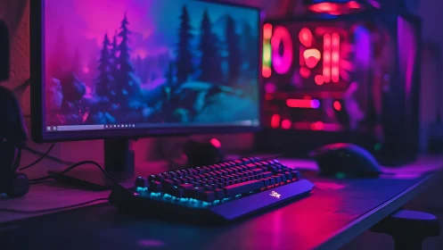 RGB gaming PC desk setup with monitor and keyboard.