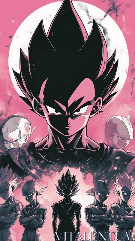 Vegeta under lunar blaze in bold pink anime composition.