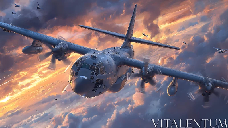 Turboprop military aircraft dives through storm-lit cloudscape