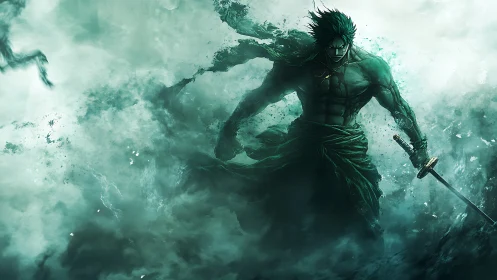 Muscular green warrior stands in stormy mist with sword drawn