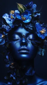 Midnight metallic portrait merges human face with blue flora