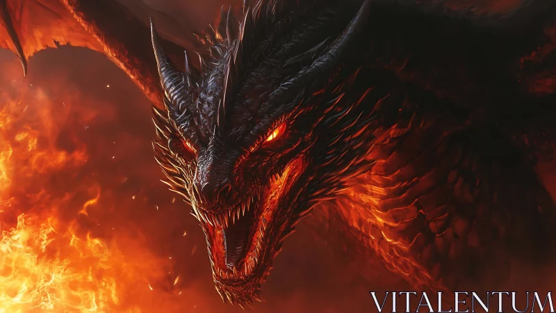 Fire-breathing dragon roars from molten shadows in battle rage