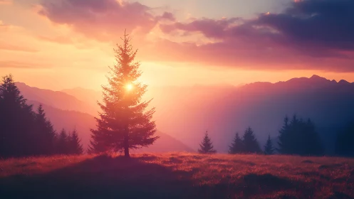 Solitary conifer tree in backlit mountain valley landscape.