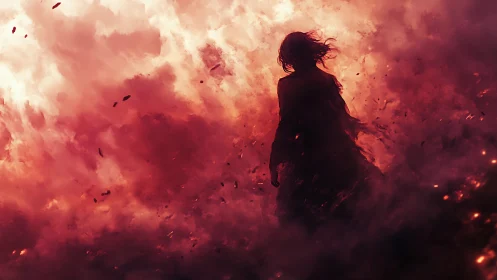 Silhouetted wanderer walks through blazing crimson storm.