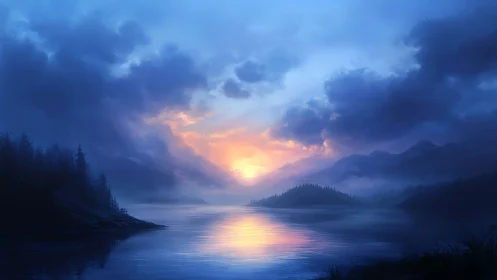 Moody blue lake landscape with dramatic sunset glow.
