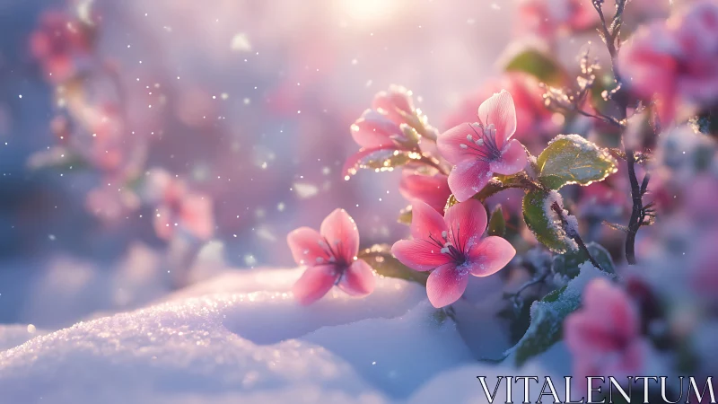 Pink flowering branches covered with frost in winter daylight