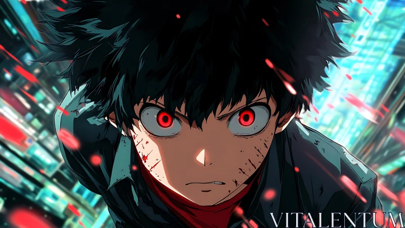 Intense red eyed anime hero rushing through neon cityscape.