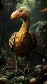 Prehistoric bird with large beak in dense forest habitat.