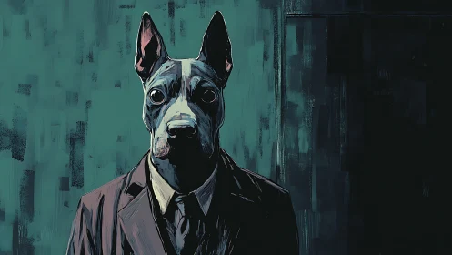 Anthropomorphic canine executive in teal noir portrait study.