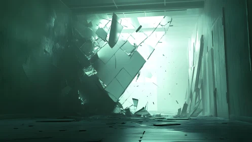 Surreal Shattered Glass Explosion in Futuristic Green Hallway.