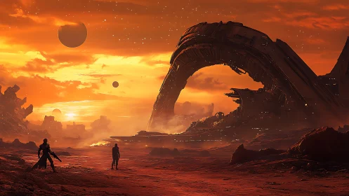 Arid exoplanet landscape frames colossal derelict orbital ring