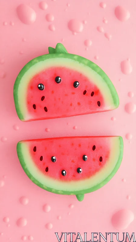Symmetric stylized watermelon halves on hydrated pink plane.