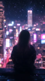 Silhouetted dreamer gazes over neon city at starry night.