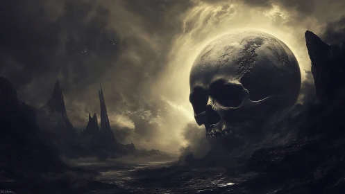 Planet-sized skull looms over a stormy alien wasteland.