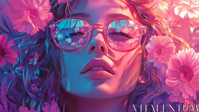 Digital portrait shows face with glasses surrounded by flowers