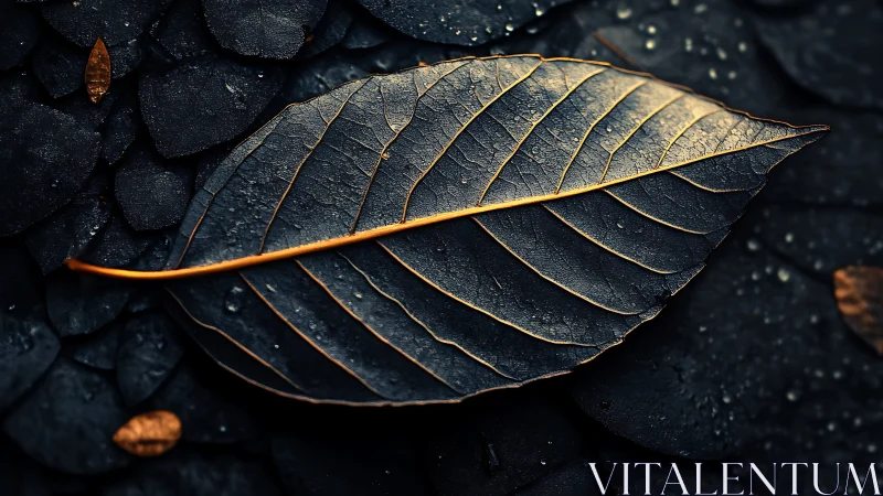 Golden veins on midnight leaf, a quiet glow in darkness.