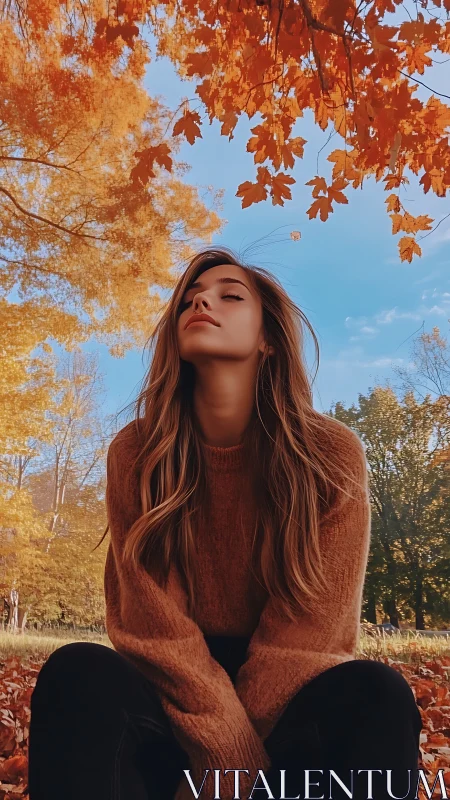 Autumn portrait under maple canopy in warm tonal harmony.
