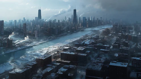 Winter city skyline overlooks frozen river and dense blocks