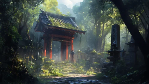 Red torii gate stands in dense forest with stone steps