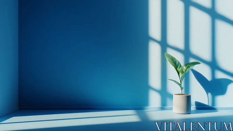 Sunlit corner with a single green plant in calm blue light.