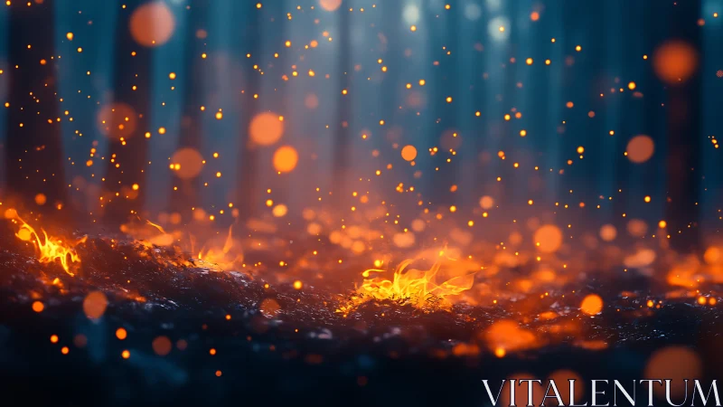 Embers dispersing through dark space with flame residue ground level