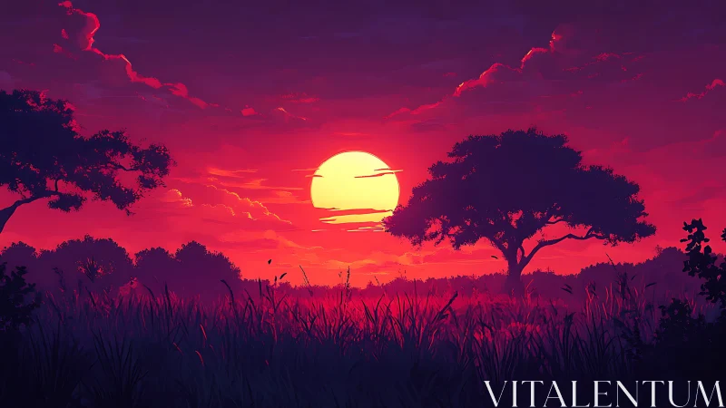 Vivid red sunset over silhouetted trees and tall grass.