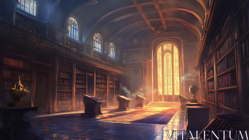 Sunlit vaulted library interior renders atmospheric depth