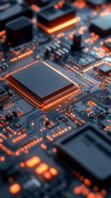 Glowing microchip core on futuristic dark PCB surface.