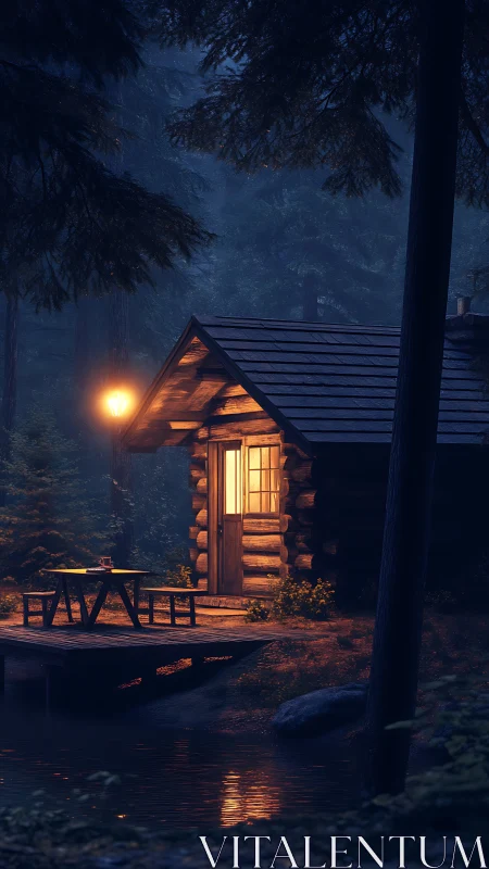 Lanternlit forest cabin dreaming beside a quiet woodland pond.