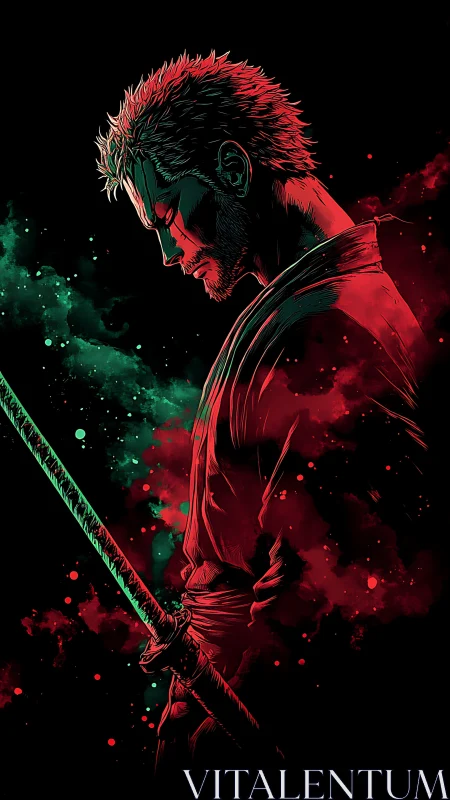 Solitary swordsman stands in calm focus amid vivid smoke