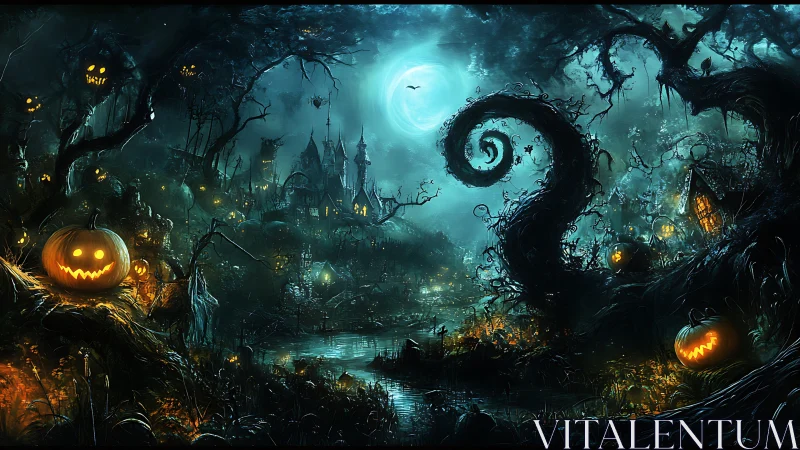 Moonlit pumpkin kingdom curls beneath an eerie spiral sky.