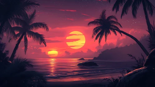 Digital painting of dual suns over palm-framed neon shoreline.