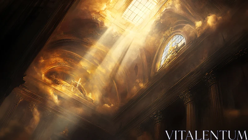 Sunlit cathedral vault with golden clouds and pillars.