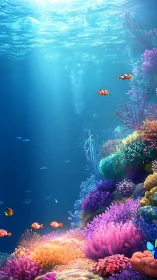 Clownfish drift through a neon coral city of drifting light
