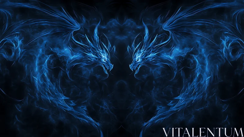 Twin spectral blue dragons in mirrored formation.