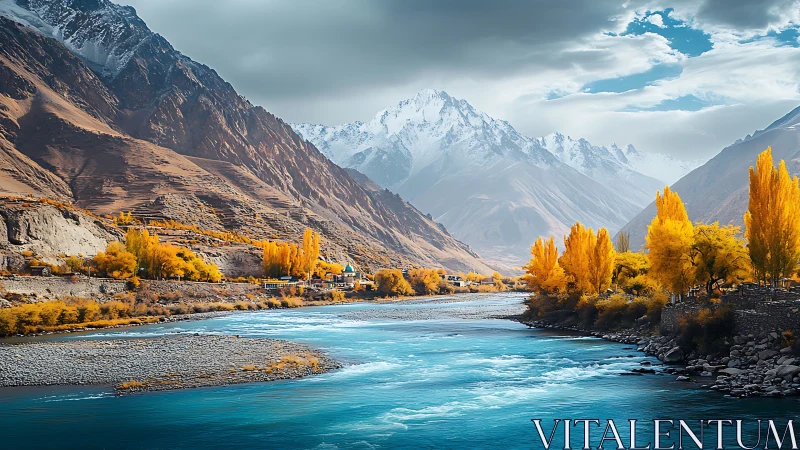 Mountain river flows through valley with autumn foliage