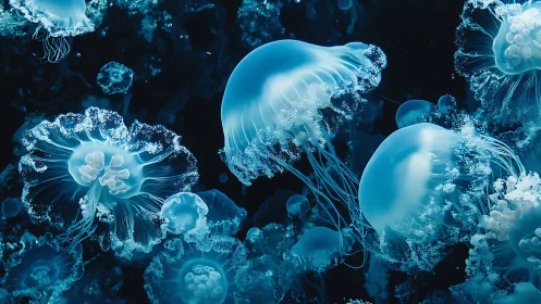 Luminous jellyfish waltz in a midnight sapphire sea.