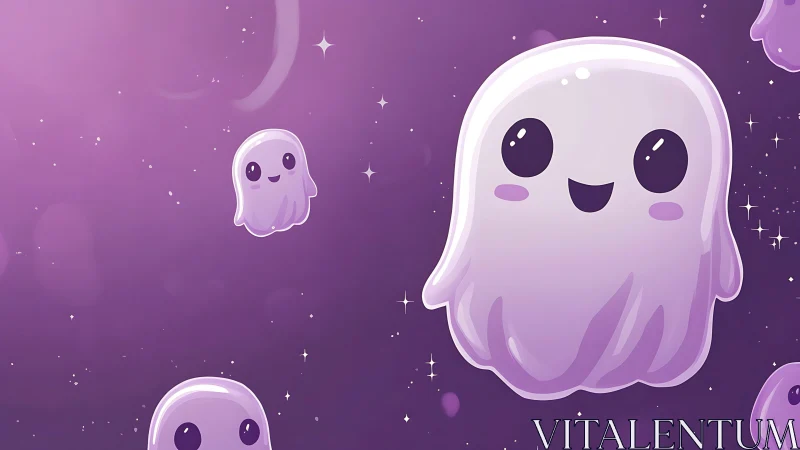 Cute purple cartoon ghosts floating in a starry night sky.