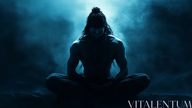 Mythic yogi silhouette in cyan backlight meditation glow.